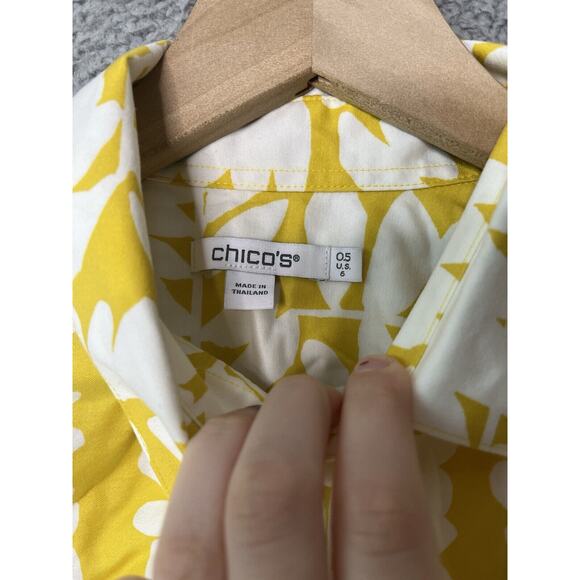Chicos Button Top 6 Small Floral Art 3/4 Sleeve Yellow Blouse Classic Career 0.5 - Picture 7 of 11